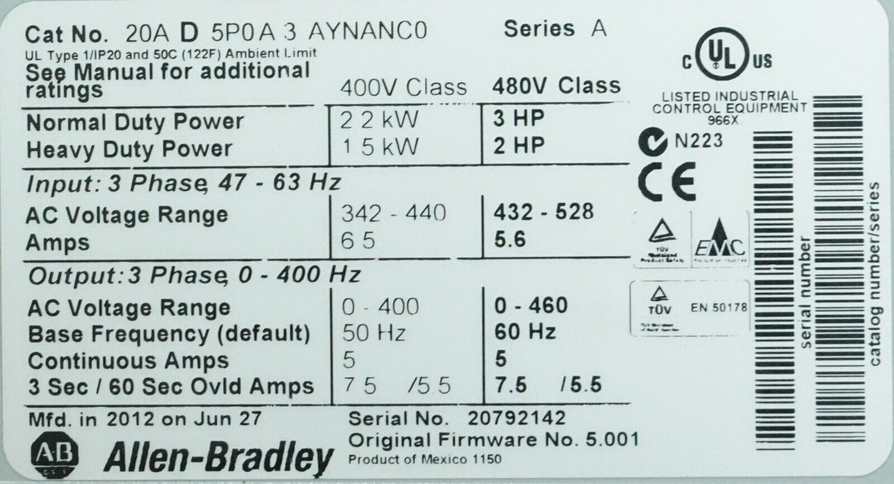 Low Hour Allen-Bradley PowerFlex 70 3HP 20AD5P0A3AYNANC0 480VAC FRN:5.001 Tested