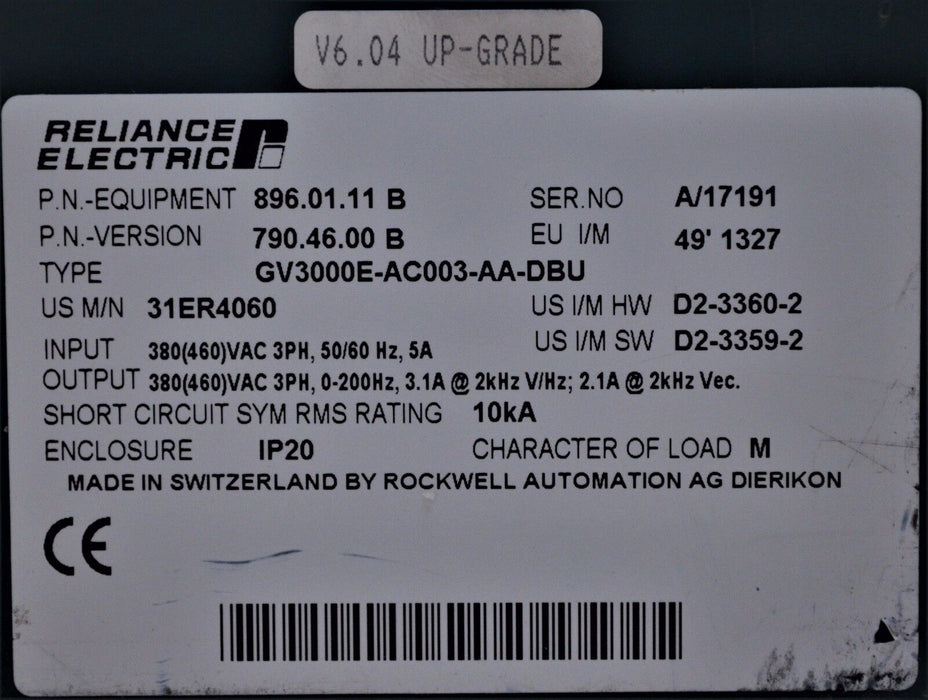 RELIANCE GV3000E-AC003-AA-DBU 31ER4060 FRN 6.04 AC DRIVE 480 VAC TESTED GOOD