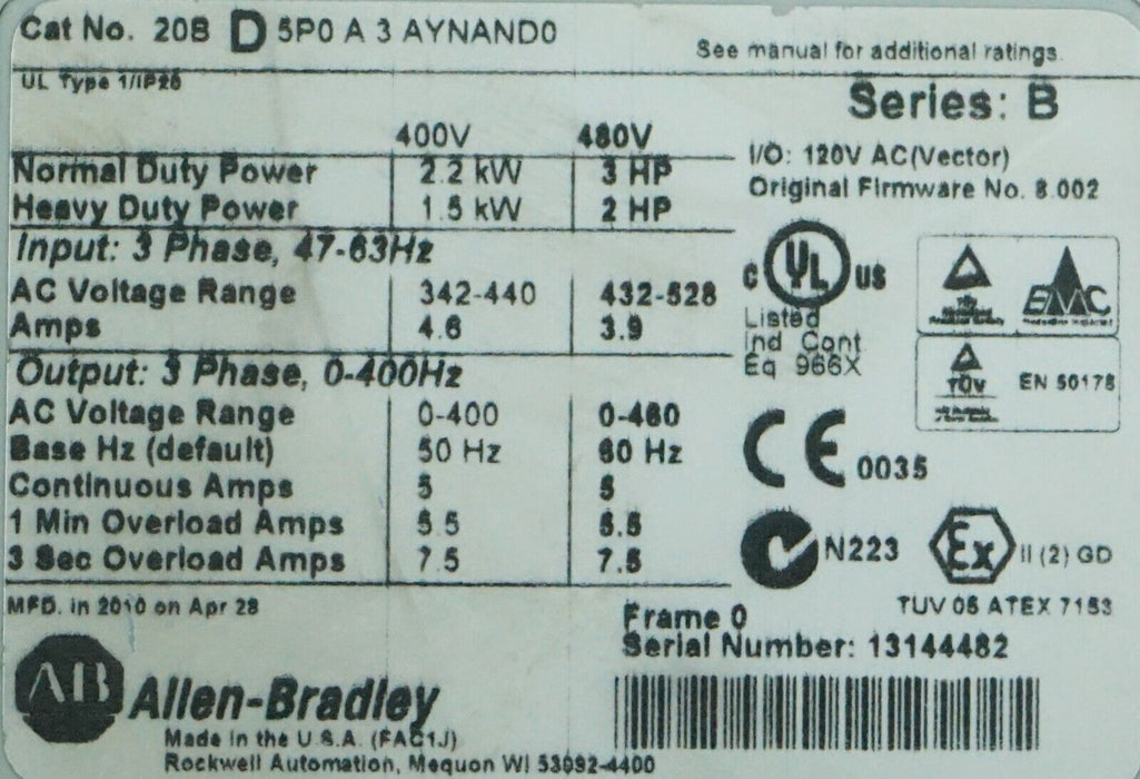 Low Hours Allen-Bradley 20BD5P0A3AYNAND0 PowerFlex 700 3HP 480 VAC FRN:8.002