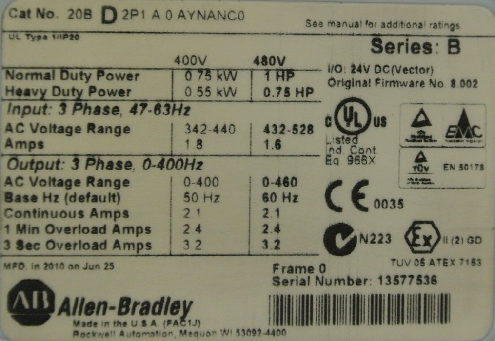 Allen-Bradley PowerFlex 700  1 HP 20BD2P1A0AYNANC0 CORE ONLY Clean Tested Good