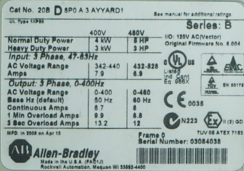 Allen-Bradley PowerFlex 700 5 HP 20BD8P0A3AYYARD1 480 VAC FRN: 6.004