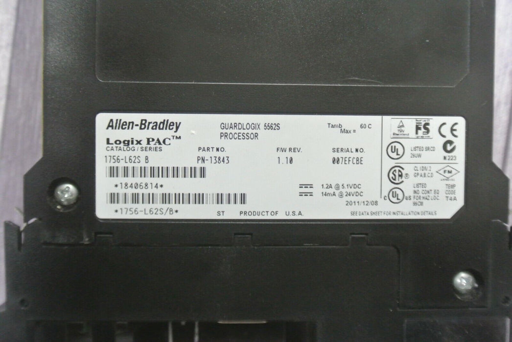 Allen Bradley 1756-L62S /B GuardLogix Processor 4MB Std / 1MB Safety Memory