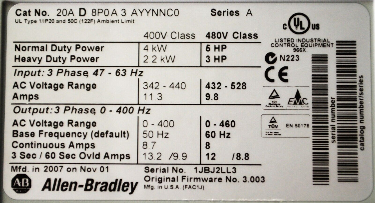 NEW Allen-Bradley Powerflex 70 5 HP 20AD8P0A3AYYNNC0 Series A FRN:3.003