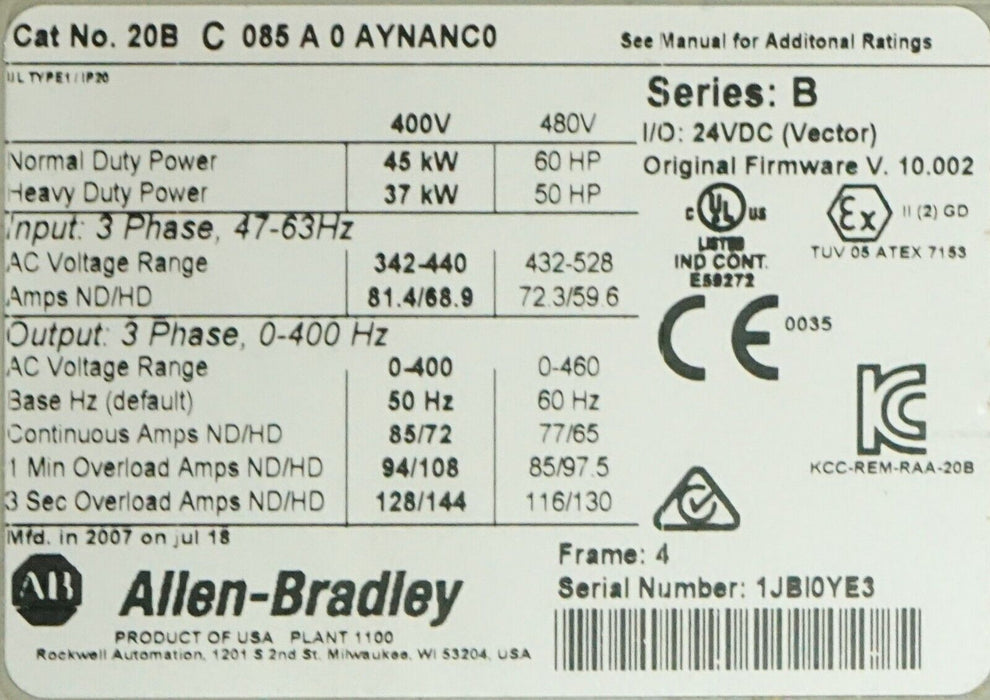 Low-Hours Allen-Bradley PowerFlex 700 60 HP 20BC085A0AYNANC0 Series B FRN:4.006