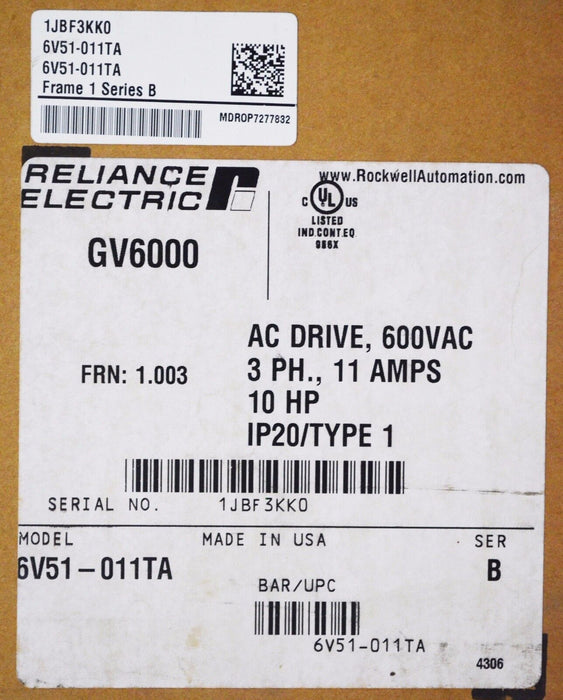 New in Box Reliance Electric GV6000 6V51-011TA 10 HP 600VAC Version:1.003