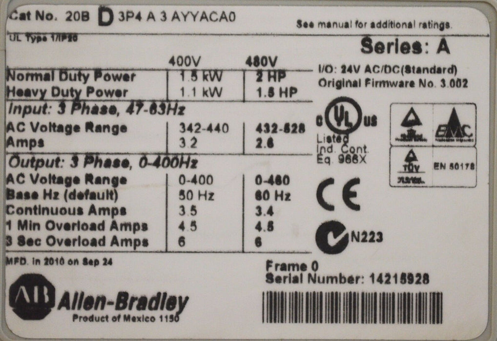 Allen-Bradley PowerFlex 700 2HP 20BD3P4A3AYYACA0 480 VAC Tested Good