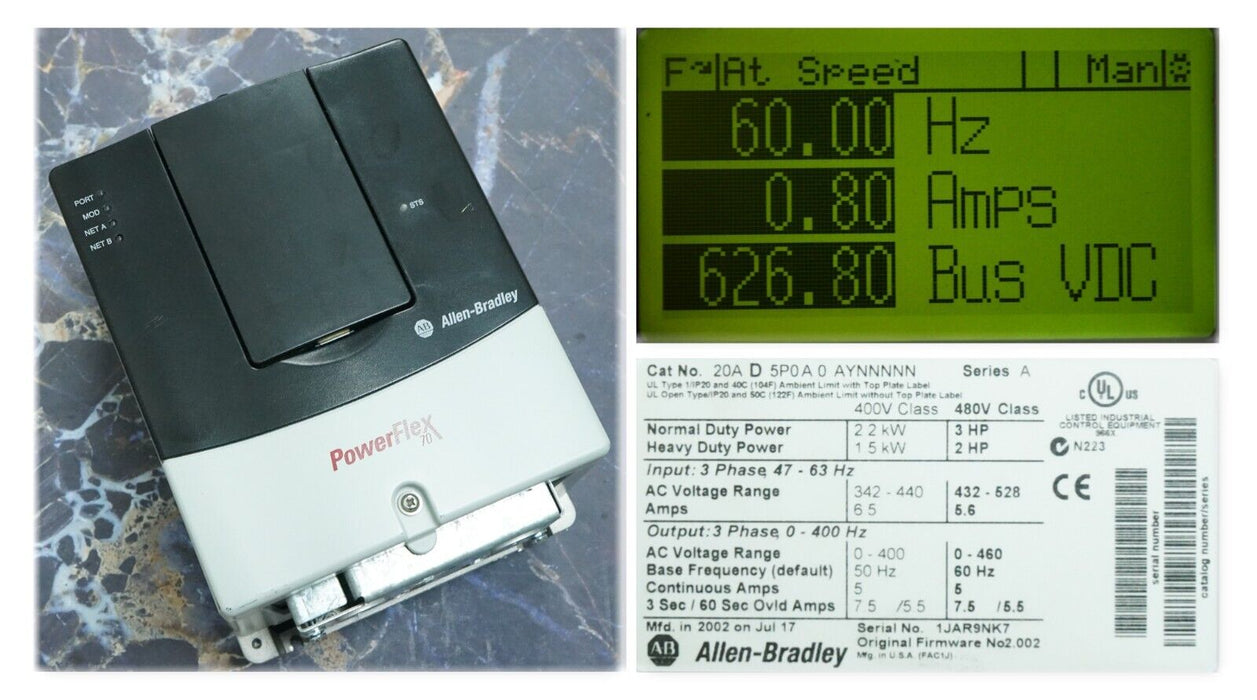 Low Hours Allen-Bradley PowerFlex 70 3HP 20AD5P0A0AYNNNNN 480 VAC FRN:2.002