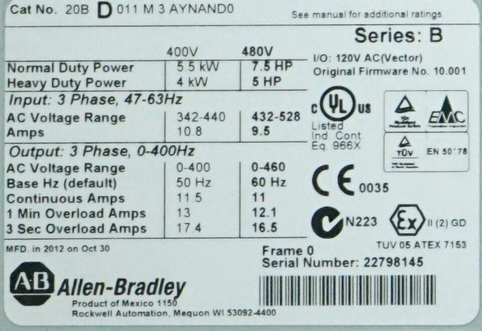 Allen-Bradley PowerFlex 700 20BD011M3AYNAND0 7.5 HP FRN:10.002