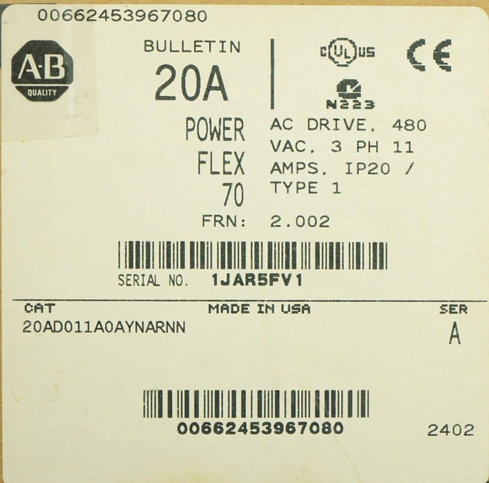 New Allen-Bradley PowerFlex 70 7.5 HP 20AD011A0AYNARNN 480 VAC FRN:2.002