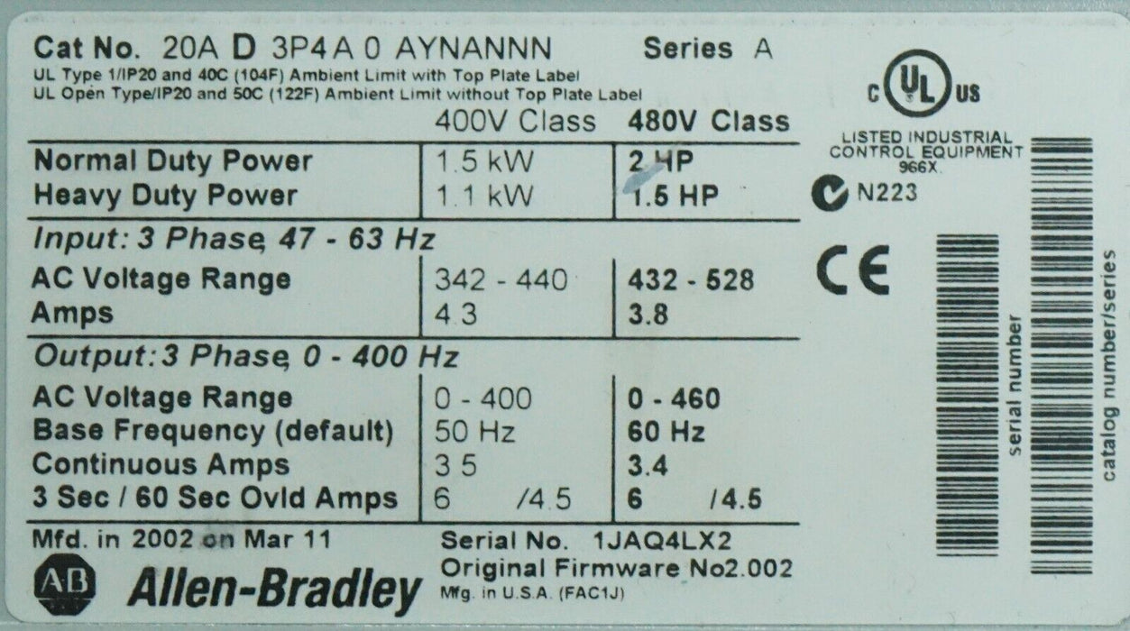 Low Hrs Allen-Bradley PowerFlex 70 2HP 20AD3P4A0AYNANNN 480VAC FRN:2.002