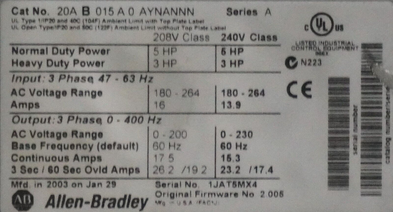 Allen-Bradley PowerFlex 70 5 HP 20AB015A0AYNANNN 240VAC FRN:2.005