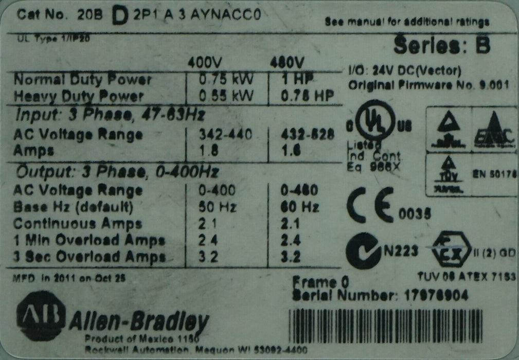 Allen-Bradley PowerFlex 700 1HP 20BD2P1A3AYNACC0 480 VAC FRN:9.001