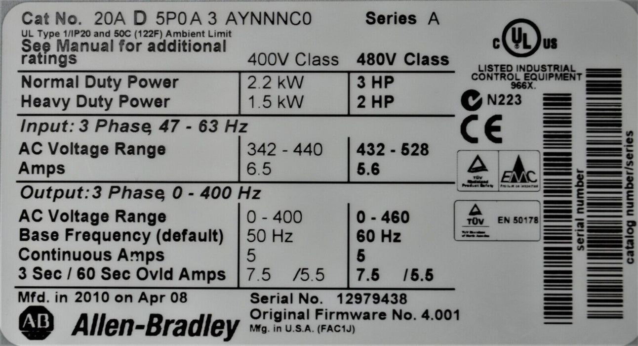 Allen-Bradley PowerFlex70 3 HP 20AD5P0A3AYNNNC0 Series A Tested Good FRN: 4.001