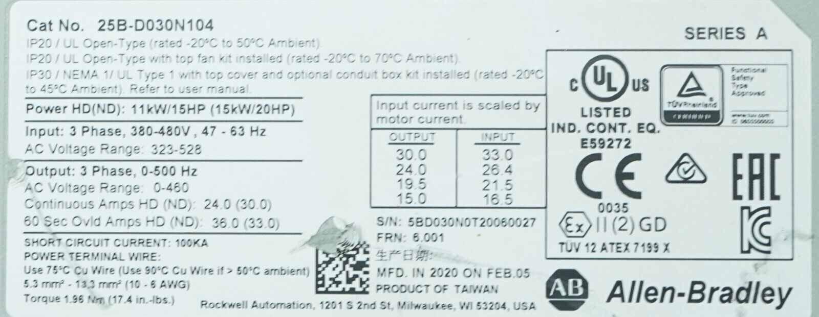 2020 Allen Bradley 25B-D030N104 20HP Powerflex 525 Series A FRN:6.001