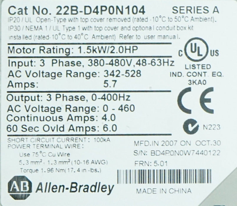 Allen-Bradley 22B-D4P0N104 PowerFlex 40 2HP Drive Series A FRN:6.01