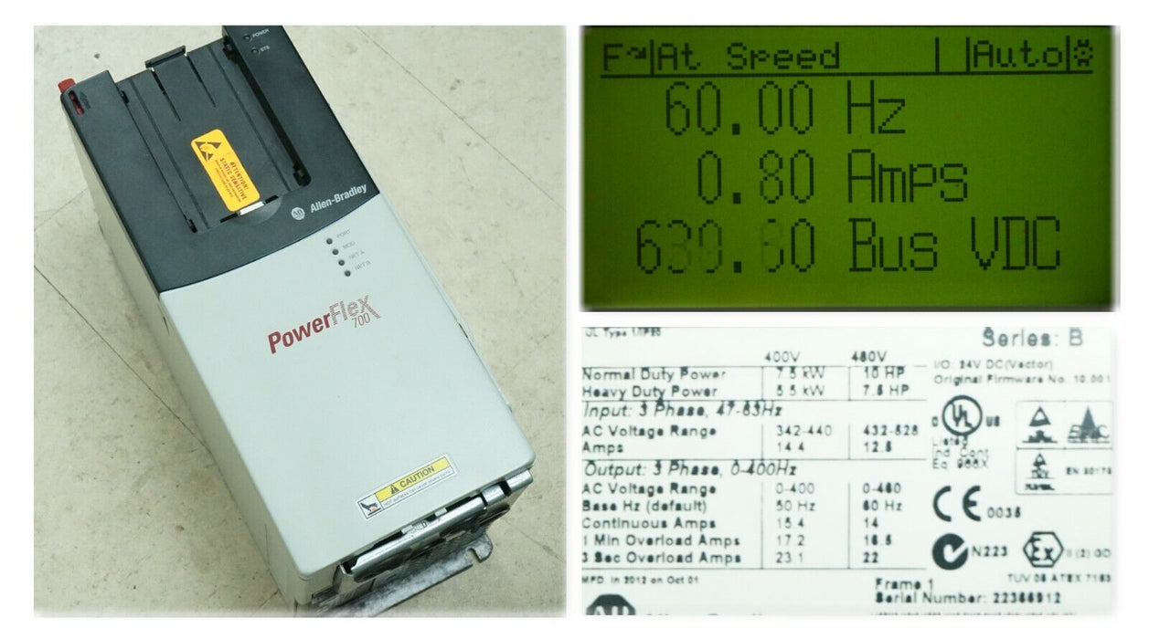 Low Hr Allen-Bradley PowerFlex 700 10HP 20BD014A0AYNANC0 480 VAC FRN:10.001