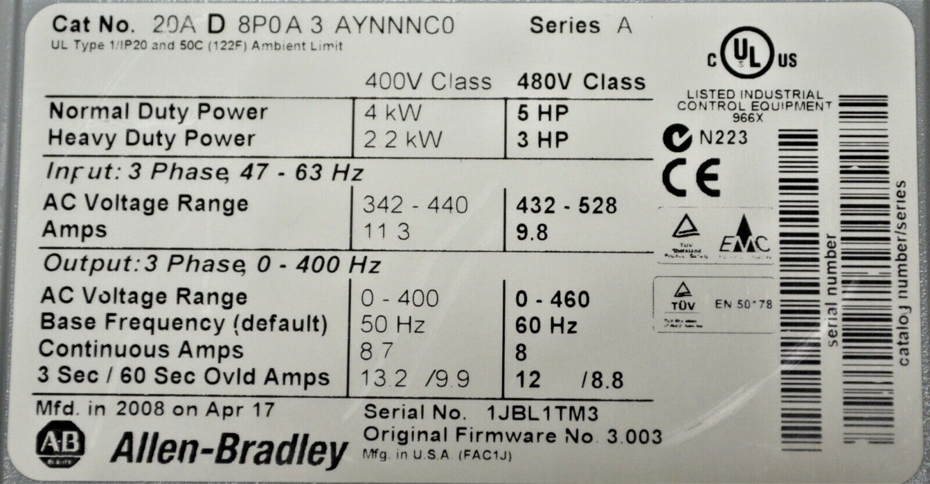 Allen-Bradley PowerFlex 70 5HP 20AD8P0A3AYNNNC0 /A 480 VAC 8 Amp Tested Good