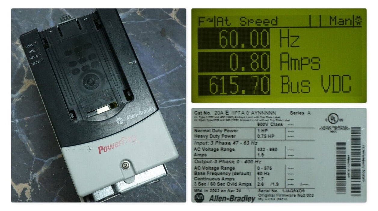 Allen-Bradley PowerFlex 70 1 HP Ser. A 20AE1P7A0AYNNNNN 600 VAC FRN:2.002 Tested