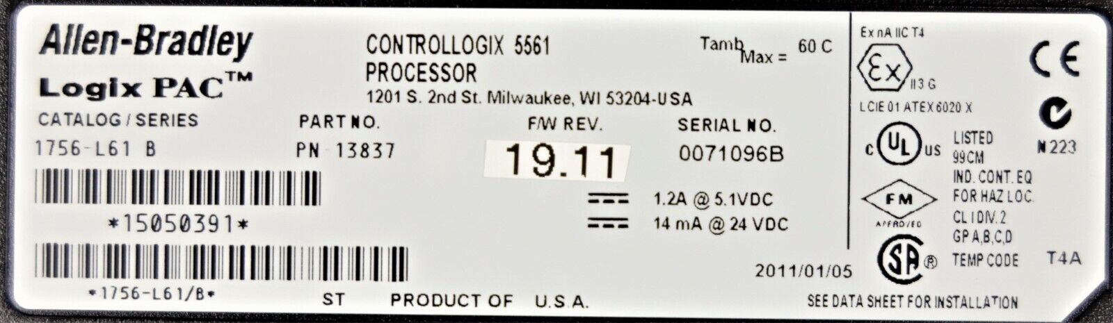 2011 Allen Bradley 1756-L61/B ControlLogix Logix5561 2MB-Memory Tested FRN:19.11