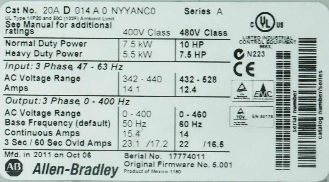 Allen-Bradley 20AD014A0NYYANC0 Power Flex 70 Drive 10HP SER A FRM 5.001