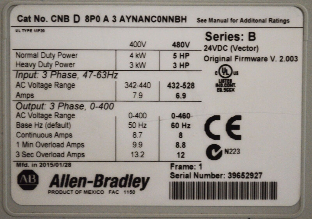 2015 Allen-Bradley Powerflex 700 VC-BH  CNBD8P0A3AYNANC0NNBH 480 VAC Tested Good