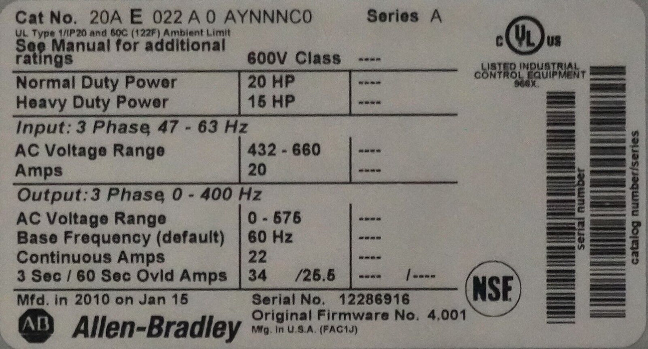 Allen-Bradley 20AE022A0AYNNNC0 PowerFlex 70 AC Drive 20HP 600VAC FRN:4.001