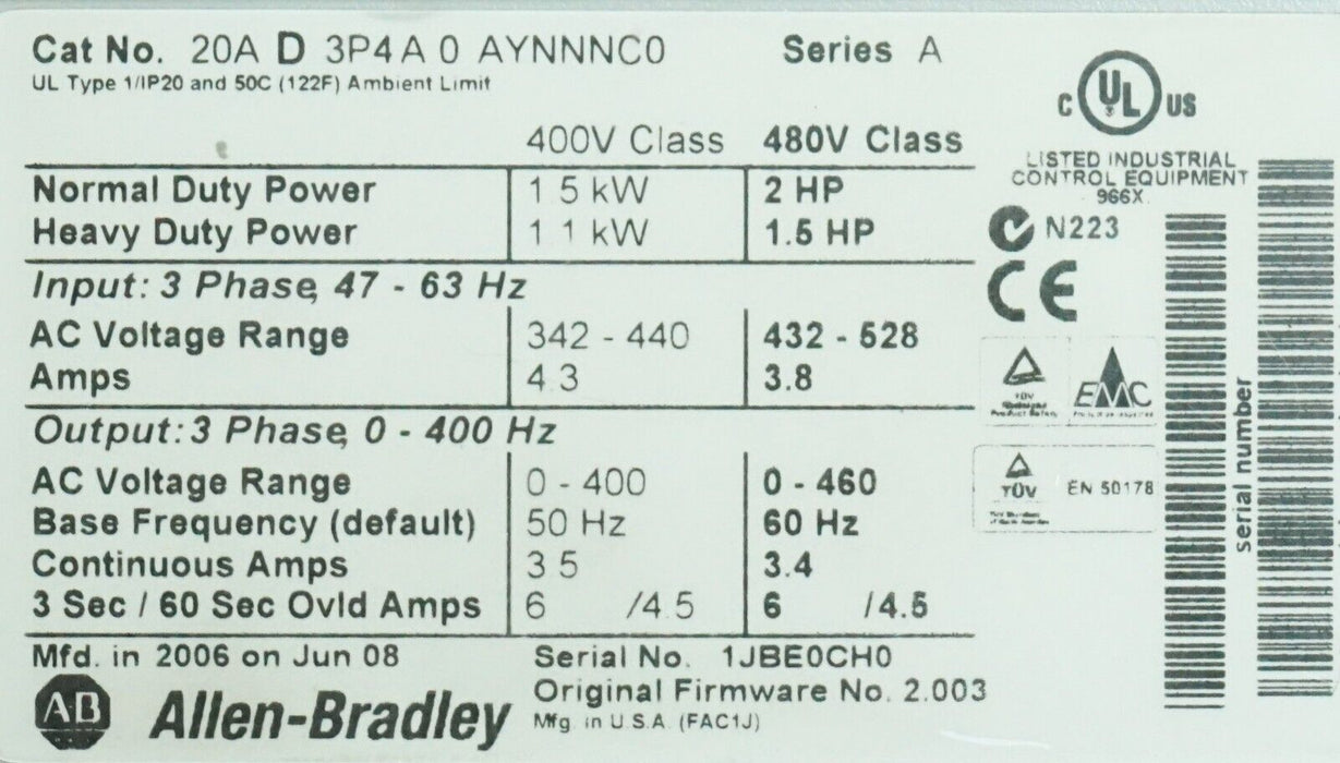 Low Hour Allen-Bradley PowerFlex70 20AD3P4A0AYNNNC0/A 2HP 480VAC Drive FRN:2.003