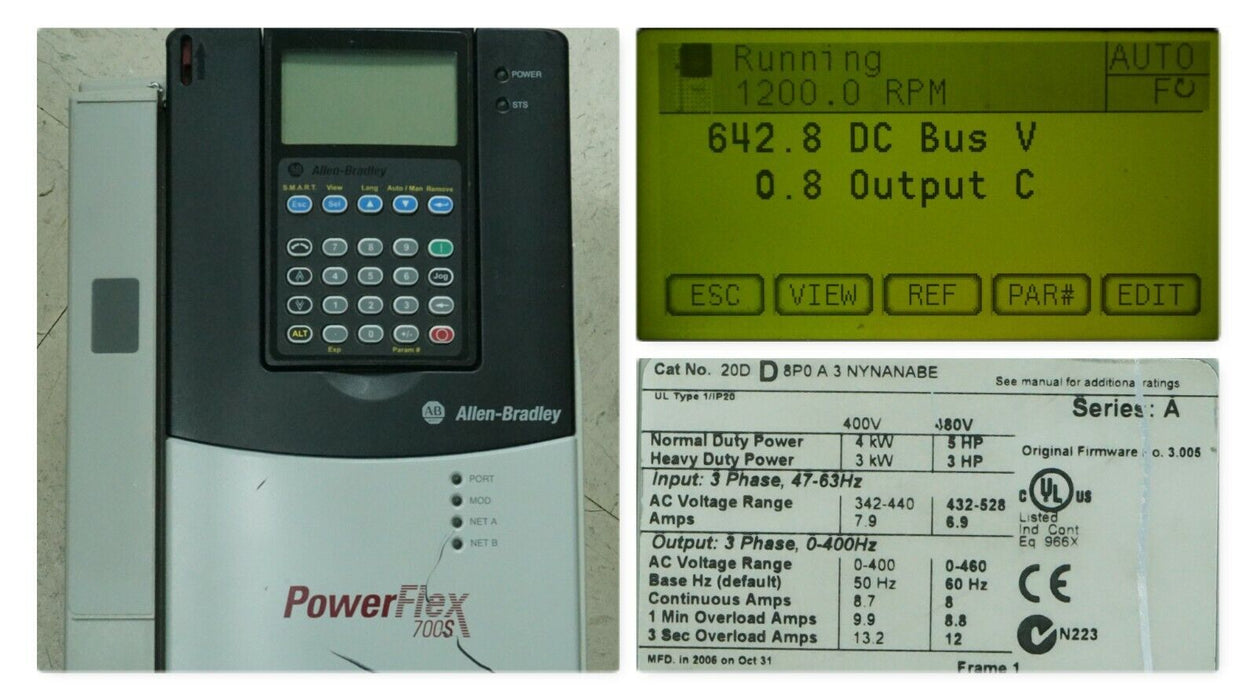 Low Hours Allen Bradley Powerflex 700S 20DD8P0A3EYNAEABE 5HP Stegman FRN: 3.005