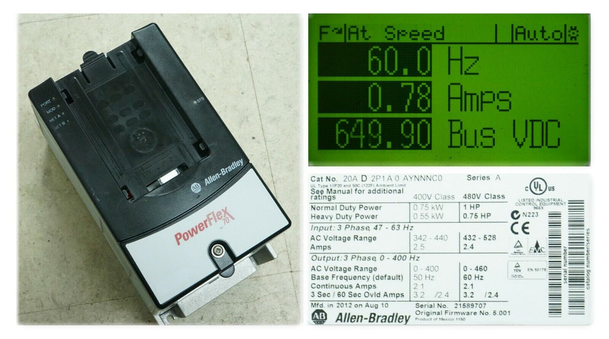 Allen-Bradley PowerFlex 70 1 HP 20AD2P1A0AYNNNC0 480 VAC FRN 5.001 Tested Good