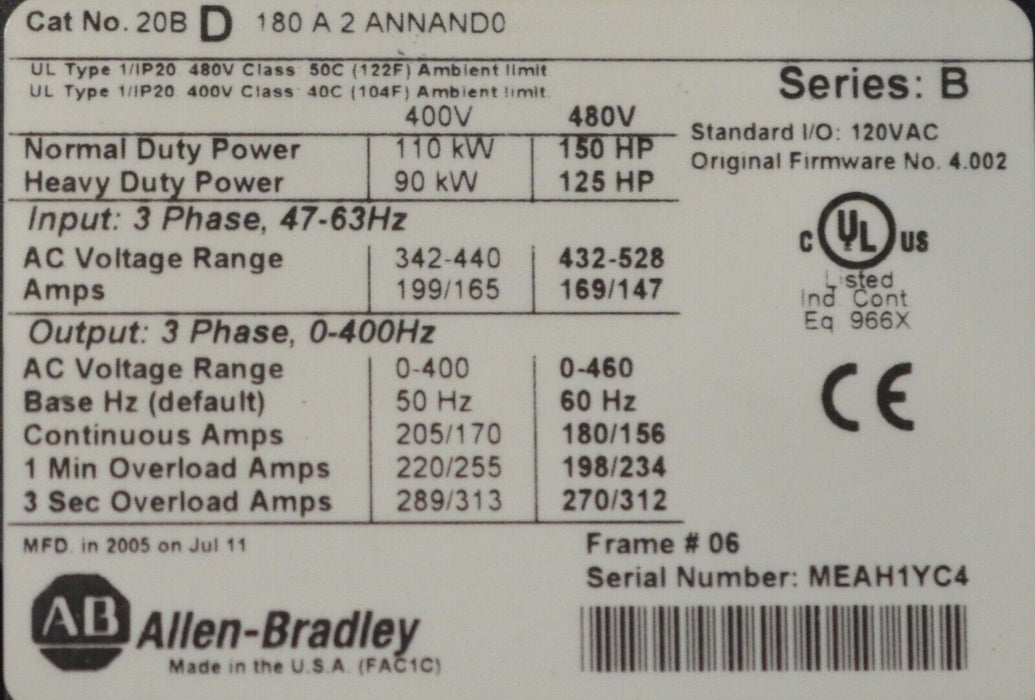 LOW HOURS Allen Bradley 20BD180A2ANNAND0 SERIES B Powerflex 700 DRIVE VFD 150HP