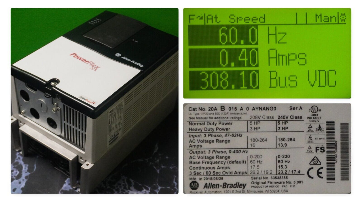 Allen-Bradley PowerFlex 70 5 HP 20AB015A0AYNANG0 240VAC FRN:5.001 Tested Good