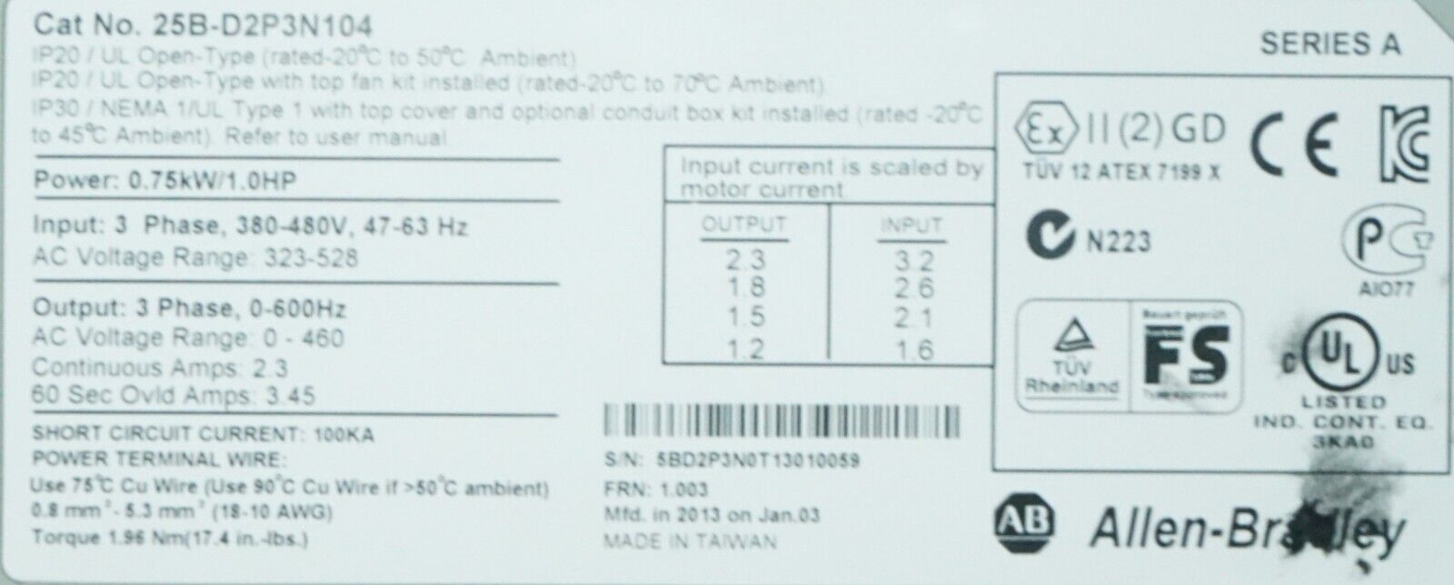 Zero Hour Allen Bradley 25B-D2P3N104 1HP Powerflex 525 Series A FRN:1.003 Tested