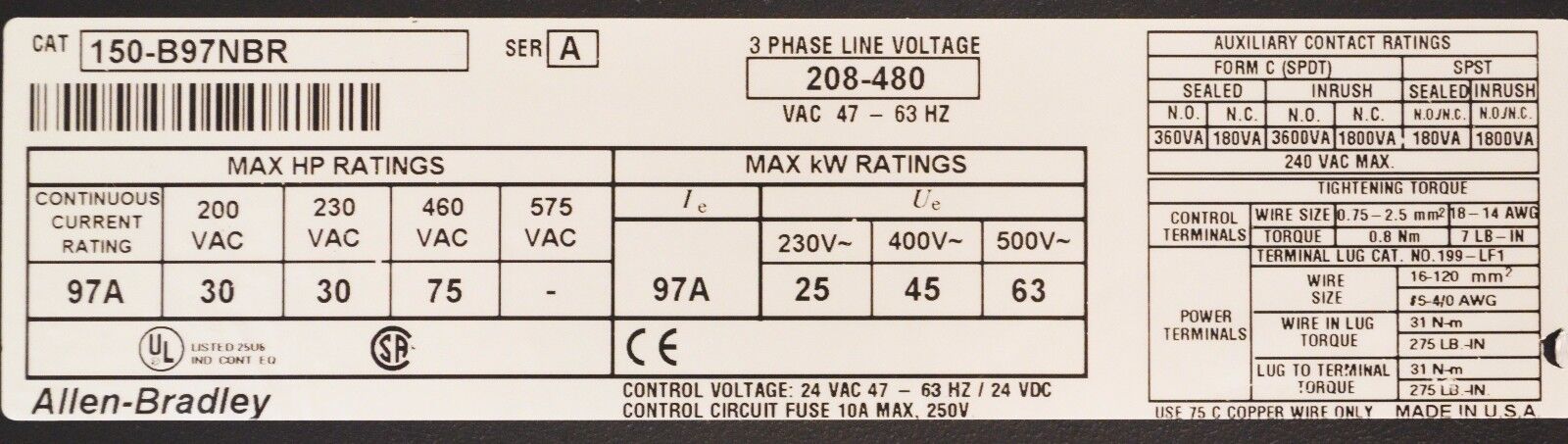 Allen-Bradley Smart Motor Controller SoftStart 150-B97NBR Series A 75HP Clean