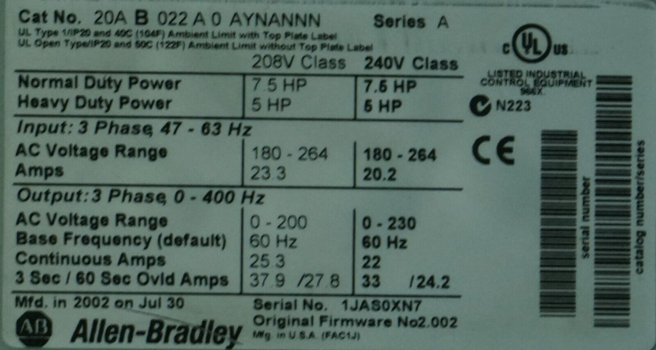 Allen Bradley PowerFlex 70 20AB022A0AYNANNN Series A  240 VAC FRN:2.002