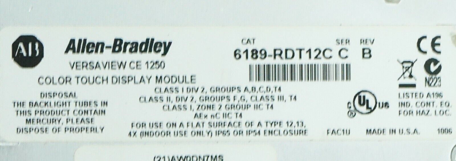 Allen-Bradley VersaView CE 1250 Display Module 6189-RDT12C Ser.C Rev.B