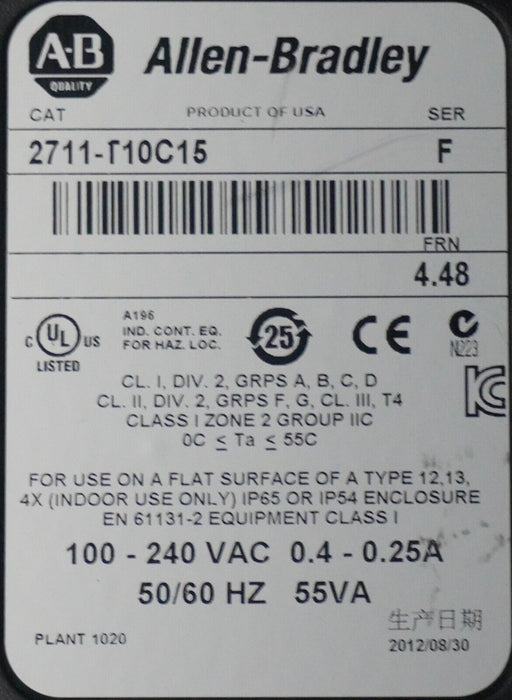 Allen-Bradley PanelView 1000 Cat. 2711-T10C15 Series F FRN:4.48 Tested Good