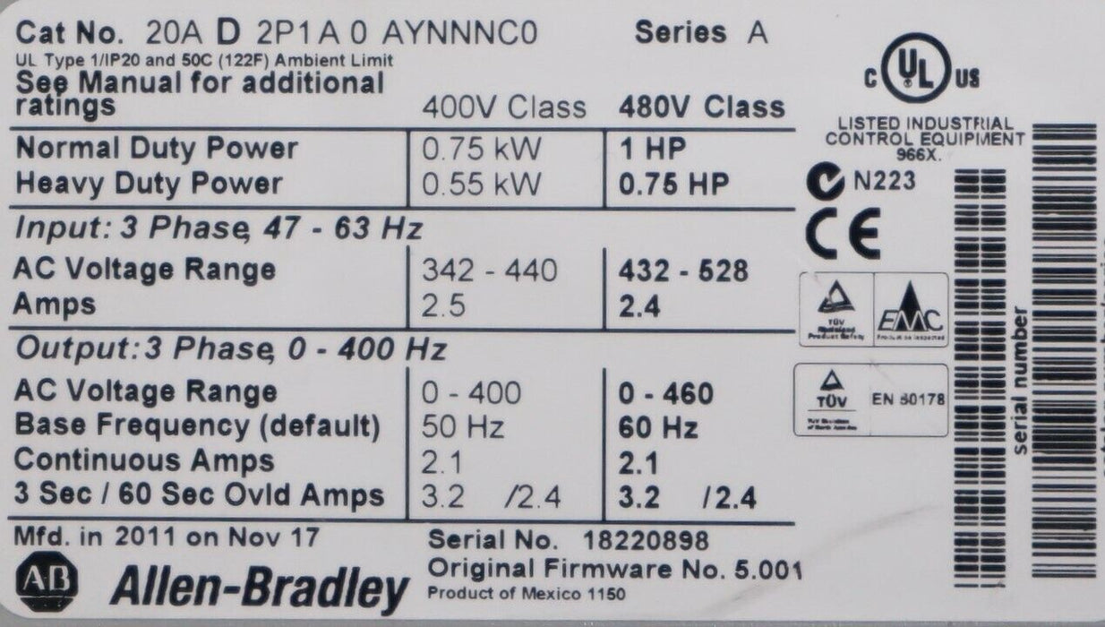 Allen Bradley 20AD2P1A0AYNNNC0/A PowerFlex 70 480 VAC 1HP Tested Good