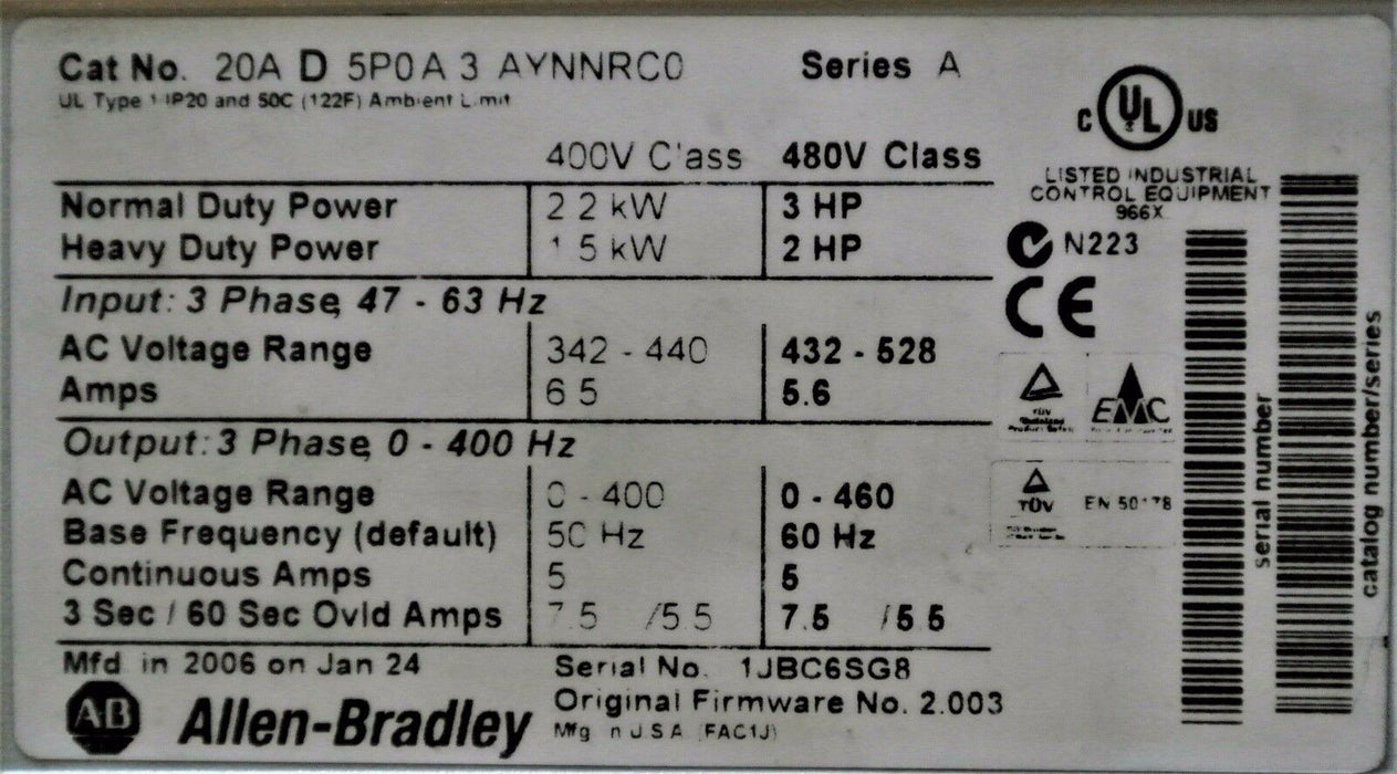 Allen-Bradley PowerFlex 70 3 HP 20AD5P0A3AYNNRC0 480VAC Clean Tested Good