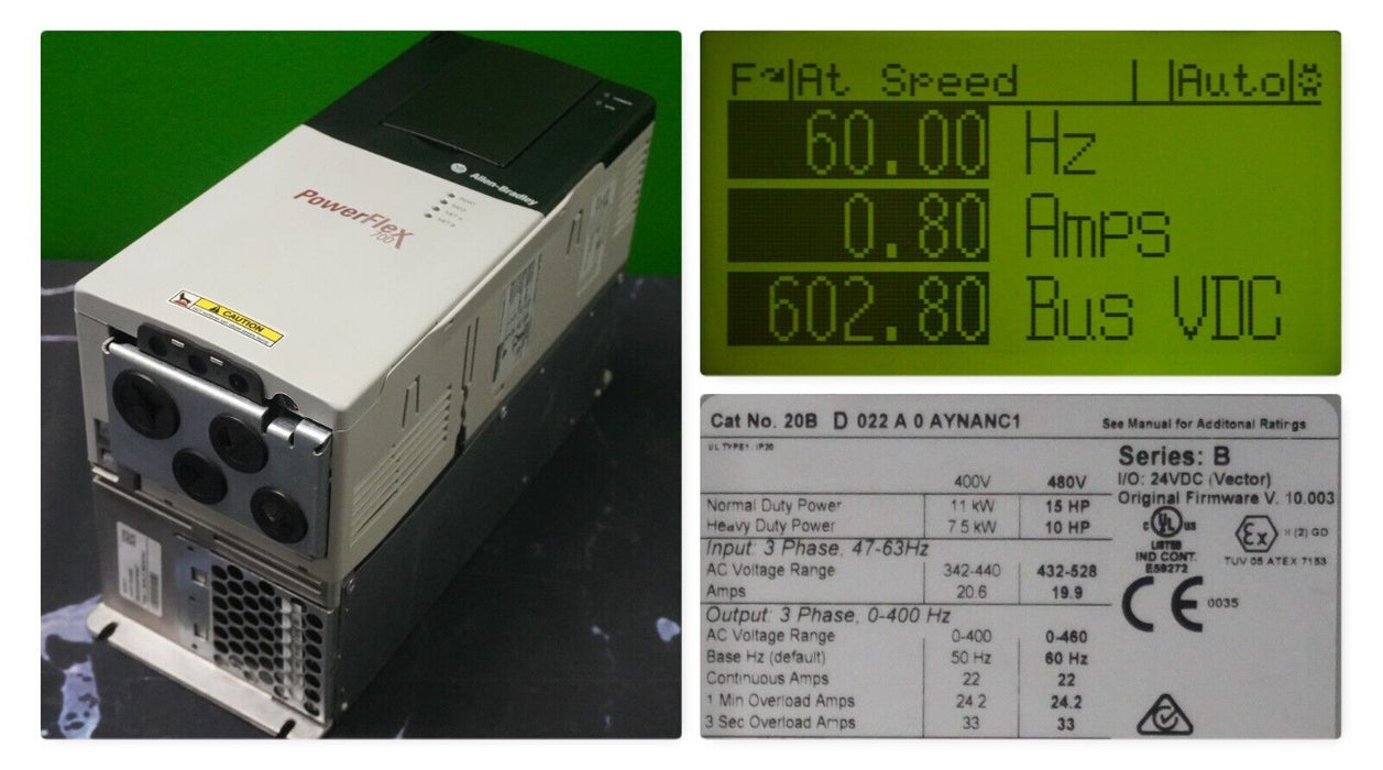 Low Hrs Allen-Bradley PowerFlex 700 20BD022A0AYNANC1 15HP FRN:10.003 Tested Good