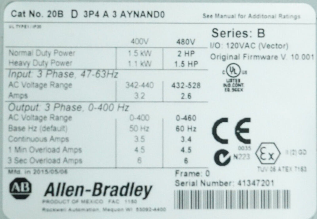 Low Hours Allen-Bradley 20BD5P0A3AYNAND0 PowerFlex 700 3HP 480 VAC FRN:10.001