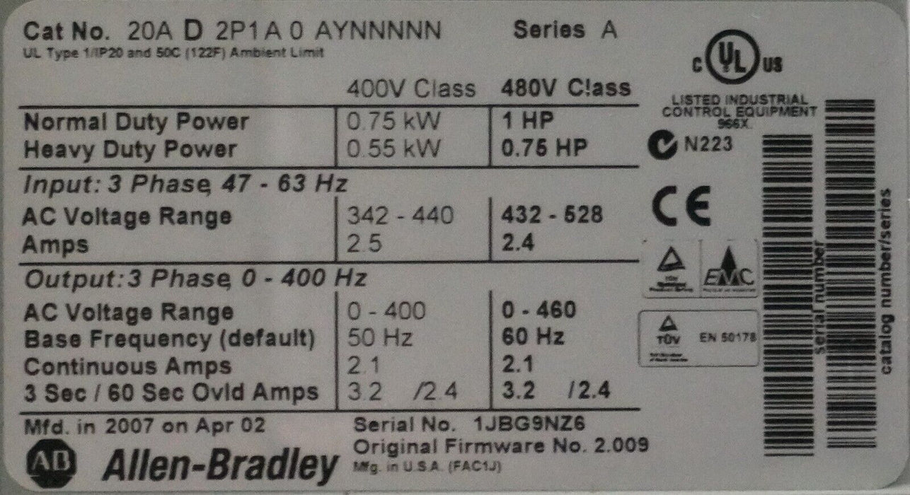 Allen-Bradley PowerFlex 70 1 HP 20AD2P1A0AYNNNNN  480V FRN 2.009 Tested Good QTY