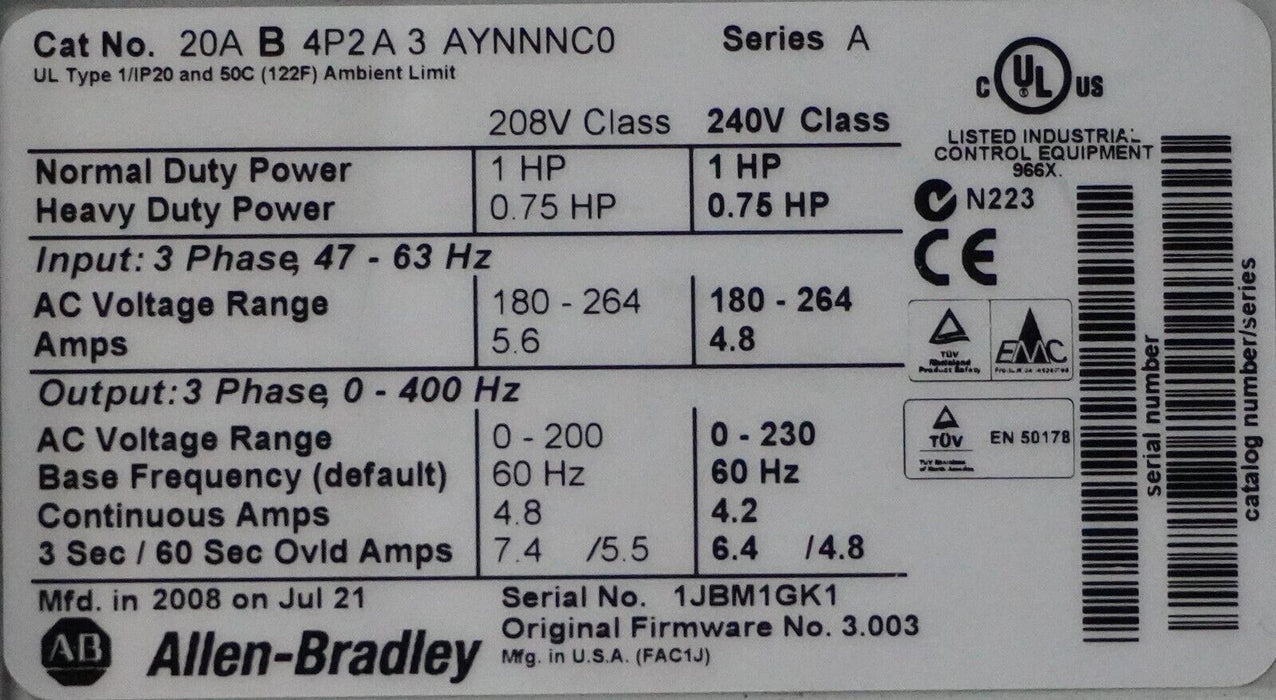 Allen-Bradley 20AB4P2A3AYNNNC0 PowerFlex 70 1HP Series A FRN:3.003 Tested Good