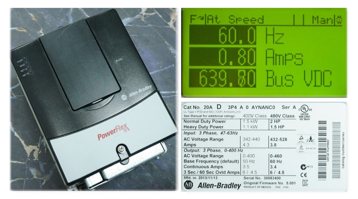 Low Hours Allen-Bradley PowerFlex 70 2 HP 20AD3P4A0AYNANC0 480 VAC FRN:5.001