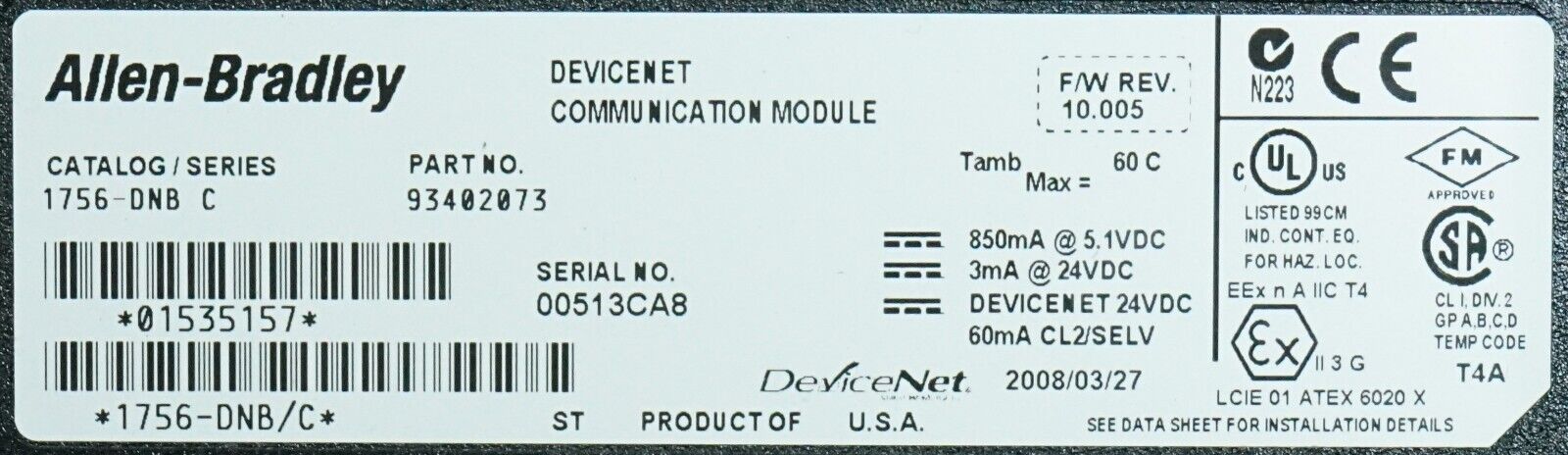 Allen-Bradley 1756-DNB/D Device Net Communications Module FRN:10.005 Tested Good