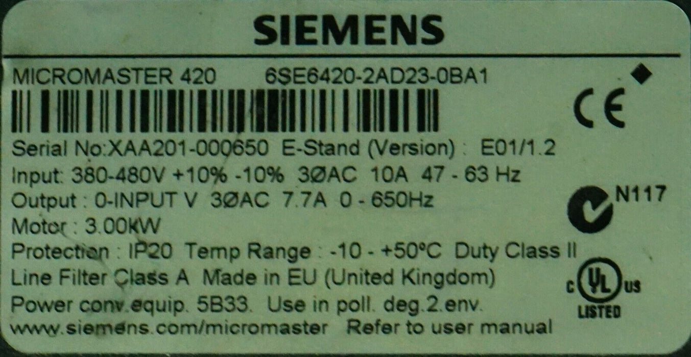 Siemens Micromaster 420 6SE6420-2AD23-0BA1 7.7A