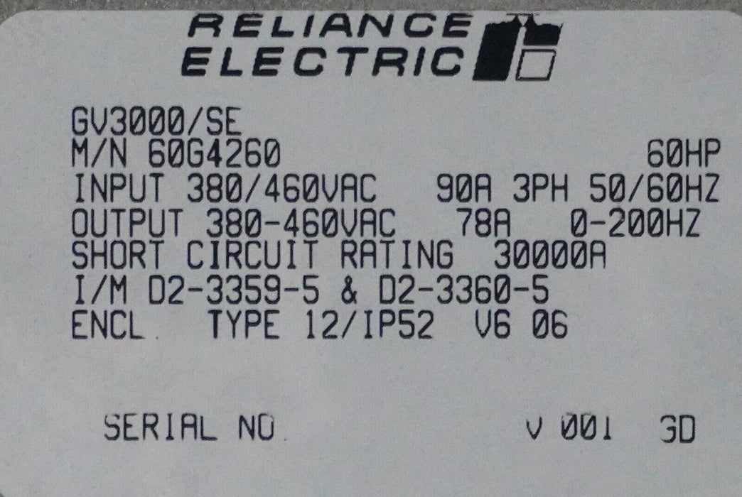 Reliance Electric 60G4260 GV3000/SE 60HP VTAC7 VER.6.06 Tested Good