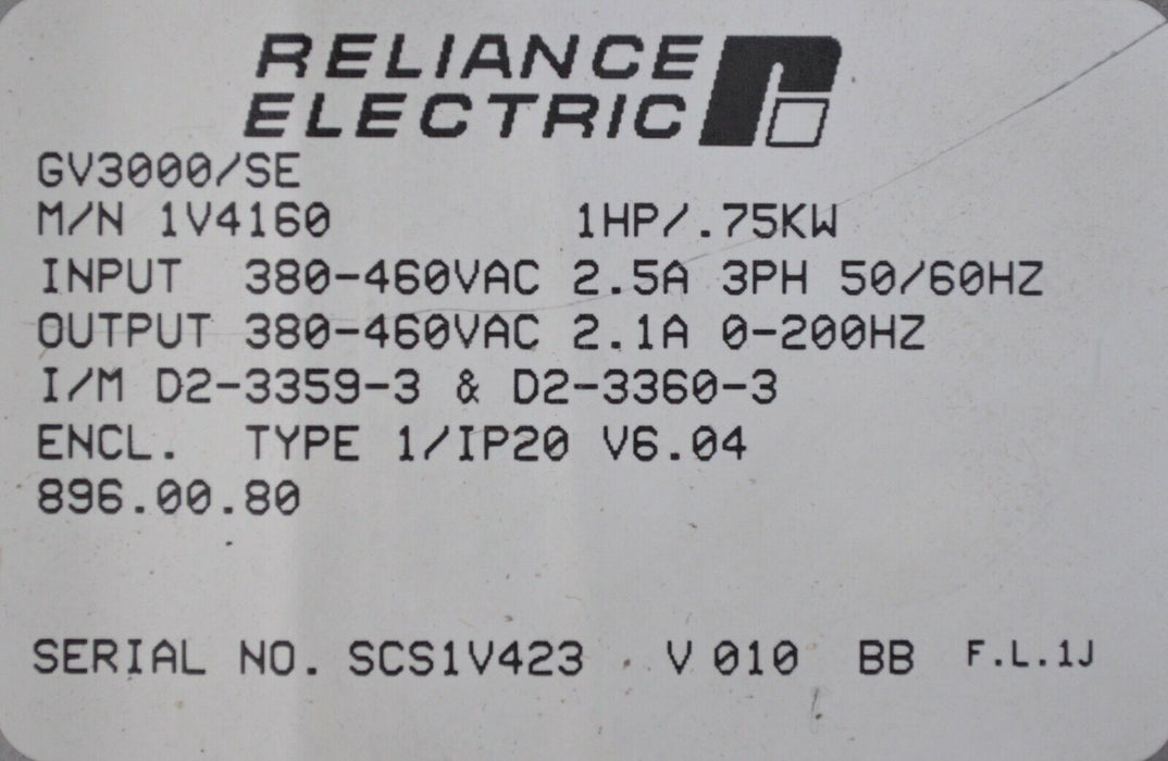 Reliance Electric GV3000/SE Vector 1 Hp 1V4160 VER. 6.04 AC Inverter Tested Good