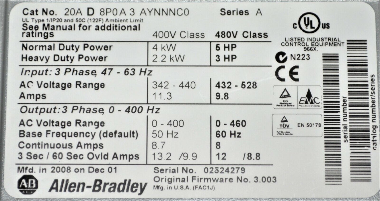 Low Hours Allen-Bradley PowerFlex 70 5 HP 20AD8P0A3AYNNNC0 480 V Tested Good