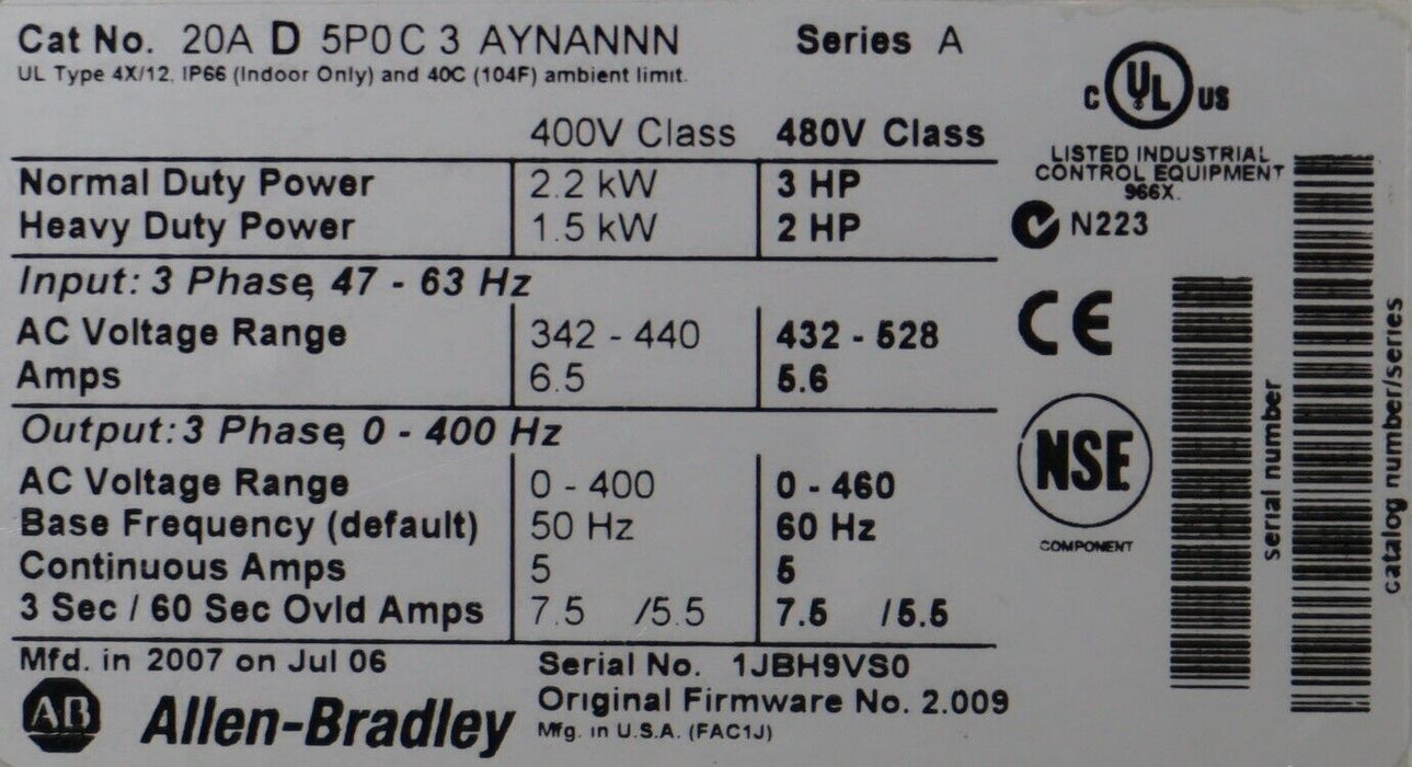 Allen-Bradley PowerFlex 70 3 HP 20AD5P0C3AYNANNN Tested Good FRN:2.009