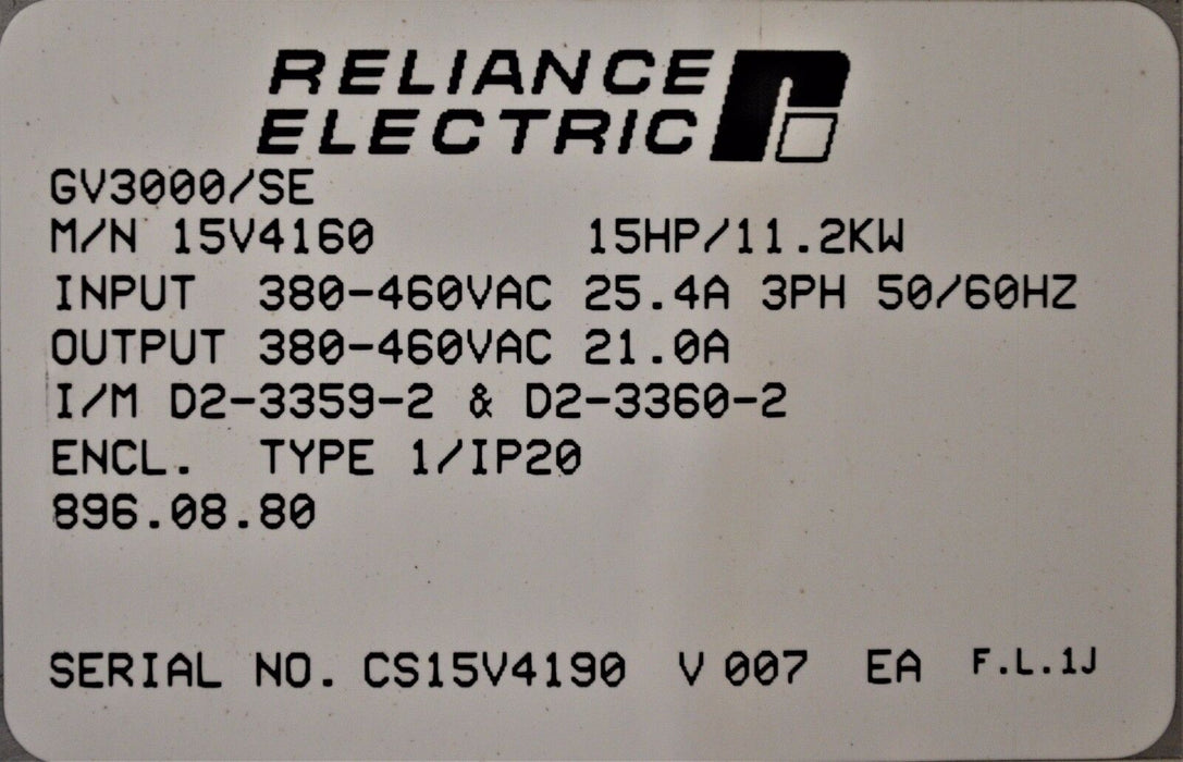 RELIANCE ELECTRIC GV3000 15 HP 15V4160 VER. 6.01 AC DRIVE TESTED GOOD